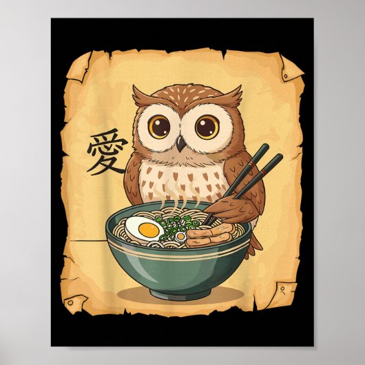 Ramen Owl Noodle Kawaii Lover Japanese Funny Graph ポスター (正面)
