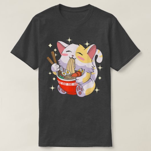 Ramen Shirt Cat Eating Noodles Japanese Food Anime Tシャツ (デザイン正面)