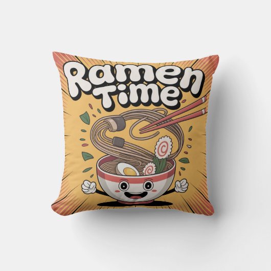 Ramen Time – Cute Cartoon Ramen Bowl クッション (正面)