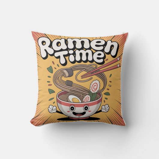 Ramen Time – Cute Cartoon Ramen Bowl クッション (正面)