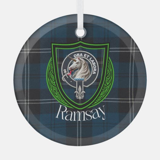 Ramsay Scottish Clan Tartan & Crest ガラスオーナメント (正面)