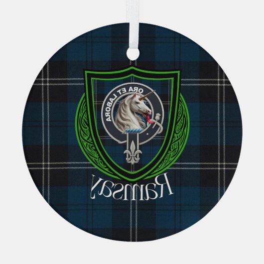 Ramsay Scottish Clan Tartan & Crest ガラスオーナメント (裏面)