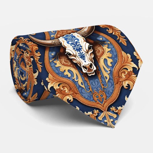 Ranch Style Cow Skull Western Tooled Leather  ネクタイ (ロール)