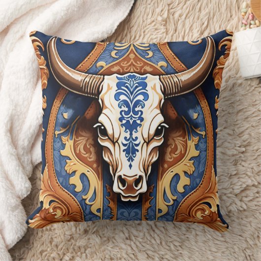Ranch Style Western Tooled Leather Cow Head クッション (ブランケット)