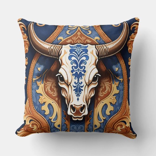 Ranch Style Western Tooled Leather Cow Head クッション (正面)