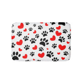 Random Dog Paw Prints And Red Hearts Canine Art バスマット