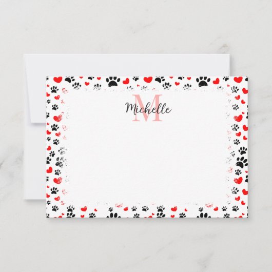 Random Dog Paw Prints And Red Hearts Custom ノートカード (正面)