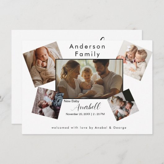 Random Family Photo Collage Birth Announcement 案内状 (正面/裏面)