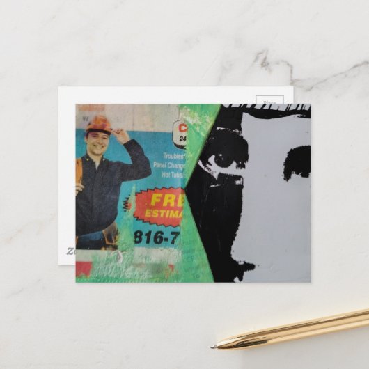 Random Mixed Media Collage Working Man and a Face ポストカード (正面/裏面インサイチュ)
