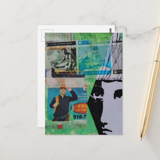Random Mixed Media Collage Working Men and a Face ポストカード (正面/裏面インサイチュ)