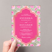 Rani Pink Floral Pattern Indian Wedding アクリル招待状 (インサイチュ (ポータブル))