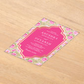 Rani Pink Floral Pattern Indian Wedding アクリル招待状 (レイダウン)