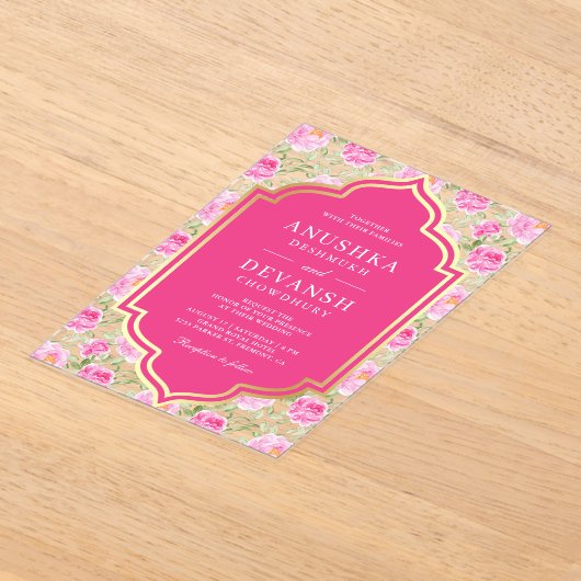 Rani Pink Floral Pattern Indian Wedding アクリル招待状 (レイダウン)