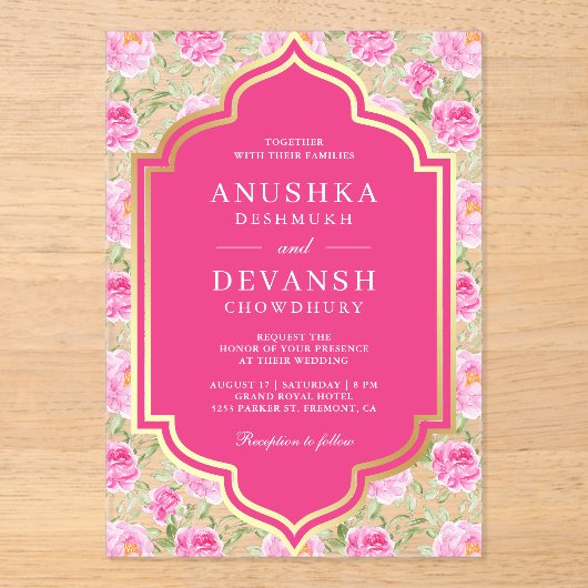 Rani Pink Floral Pattern Indian Wedding アクリル招待状 (正面)