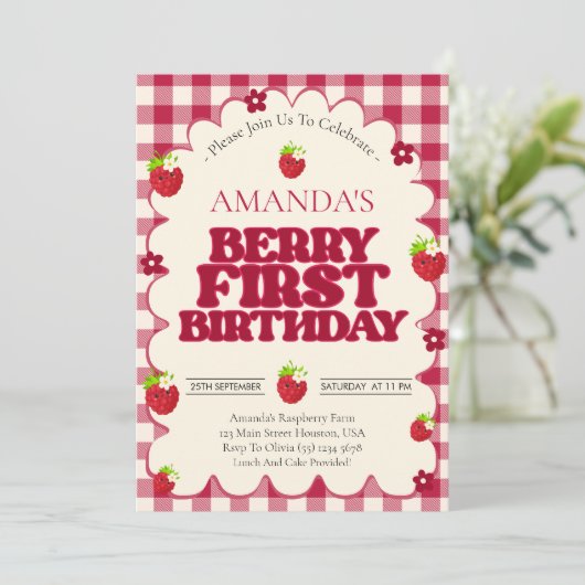 Raspberry Berry First 1st Birthday Party  招待状 (スタンド正面)