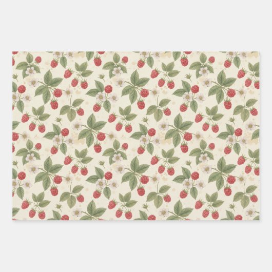 Raspberry Fruit Bunches with Leaves and Blossom  ラッピングペーパーシート (正面)