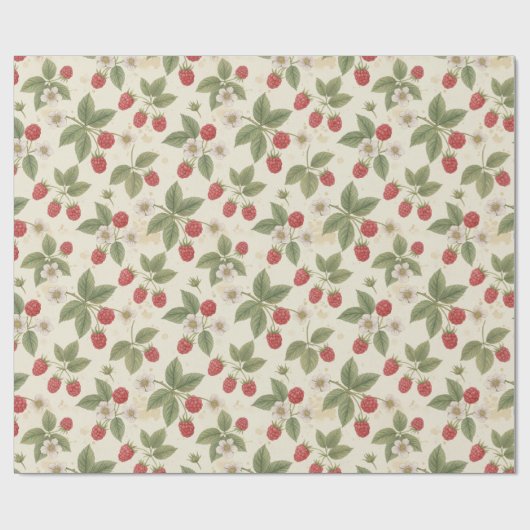 Raspberry Fruit Bunches with Leaves and Blossom  ラッピングペーパー (フラット)