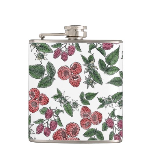 Raspberry Fruit Leaves Illustration Pattern フラスク (正面)