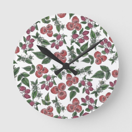 Raspberry Fruit Leaves Illustration Pattern ラウンド壁時計 (正面)