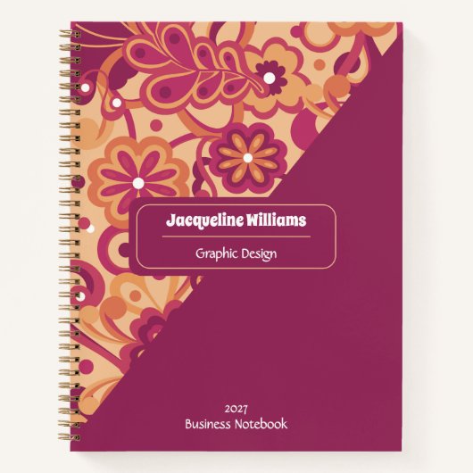Raspberry Groovy Psychedelic 60s 70s Floral  ノートブック (正面)