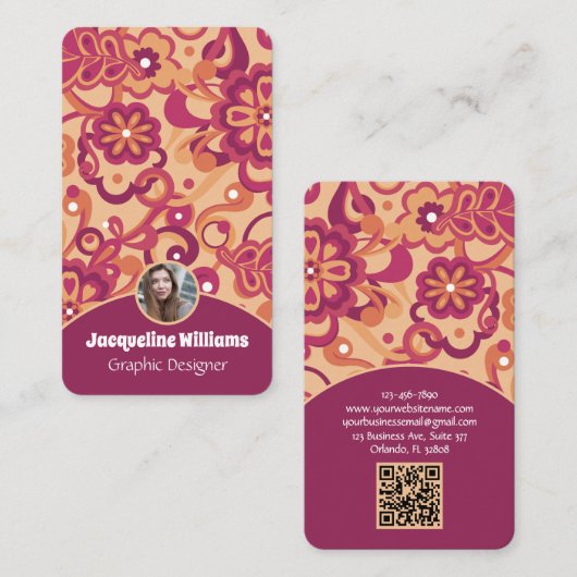 Raspberry Groovy Psychedelic 60s 70s Floral II 名刺 (正面/裏面)