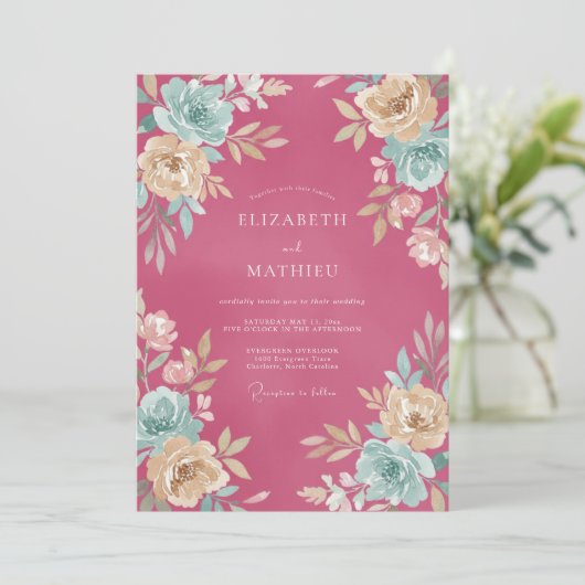 Raspberry Lush Watercolor Wedding 招待状 (スタンド正面)