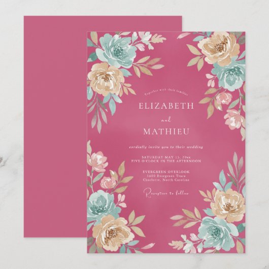 Raspberry Lush Watercolor Wedding 招待状 (正面/裏面)