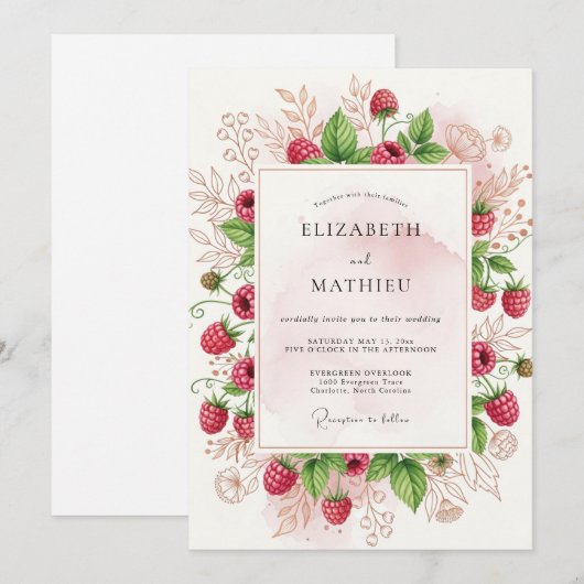 Raspberry Pink Abundant Orchard Wedding 招待状 (正面/裏面)