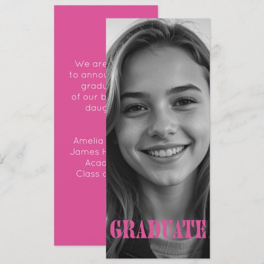 Raspberry Pink Modern Graduation Announcement Card 招待状 (正面/裏面)