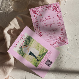 Raspberry Pink QR Code Drawn Floral Photo Wedding 招待状