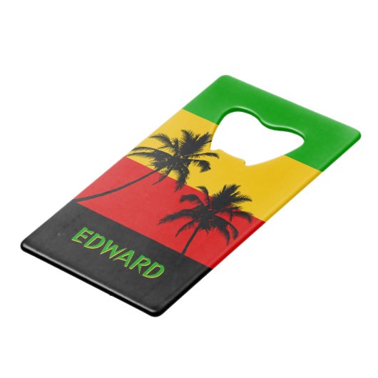 Rasta Flag with Palm Trees Tropical クレジットカード栓抜き (正面アングル)