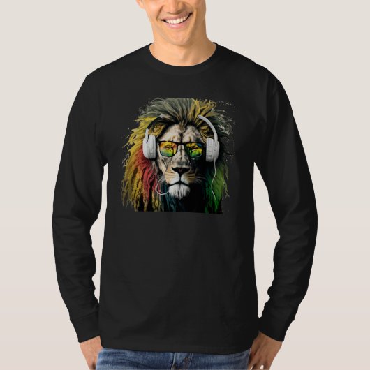Rasta Lion Rastafari Reggae & Jamaica Vibes Headph Tシャツ (正面)