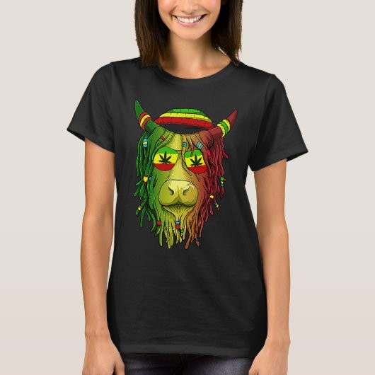 Rasta Scottish Highland Cow  Scottish Stoner Cow Tシャツ (正面)