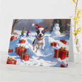 Rat Terrier走 Christmas Hatと雪の中 カード (黄色い花)