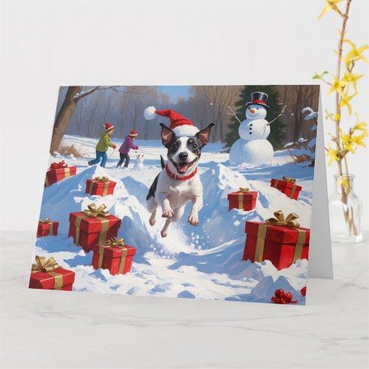 Rat Terrier走 Christmas Hatと雪の中 カード (黄色い花)