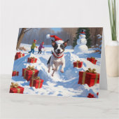 Rat Terrier走 Christmas Hatと雪の中 カード (正面)