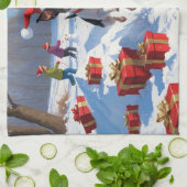 Rat Terrier走 Christmas Hatと雪の中 キッチンタオル (折り畳み)