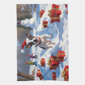 Rat Terrier走 Christmas Hatと雪の中 キッチンタオル (縦)