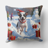 Rat Terrier走 Christmas Hatと雪の中 クッション (裏面)
