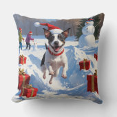Rat Terrier走 Christmas Hatと雪の中 クッション (正面)