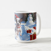 Rat Terrier走 Christmas Hatと雪の中 コーヒーマグカップ (正面右)