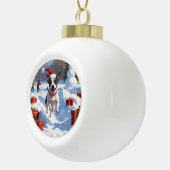 Rat Terrier走 Christmas Hatと雪の中 セラミックボールオーナメント (右)