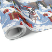 Rat Terrier走 Christmas Hatと雪の中 ラッピングペーパー (ロールコーナー)