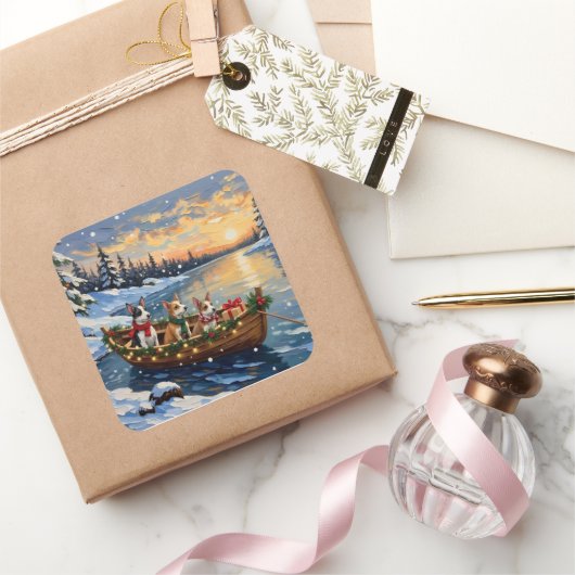 Rat Terrier Christmas Boat Holiday スクエアシール (ギフト)