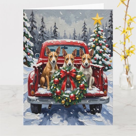 Rat Terrier Christmas Red Truck Holiday カード (黄色い花)