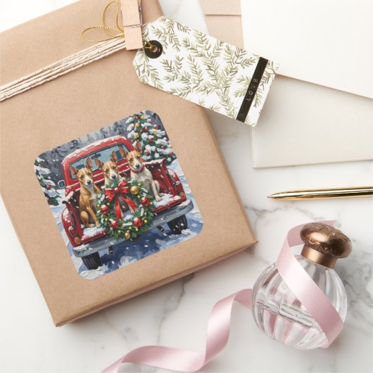 Rat Terrier Christmas Red Truck Holiday スクエアシール (ギフト)