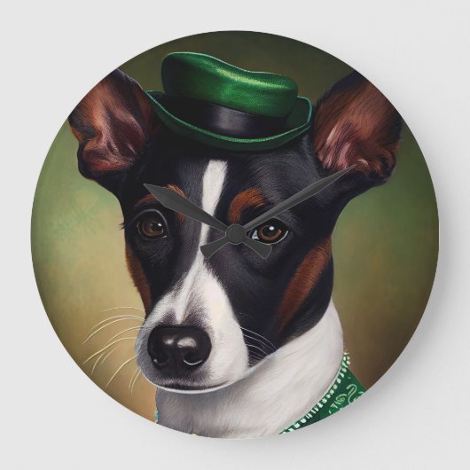 Rat Terrier Dog in St. Patrick's Day Dress ラージ壁時計 (正面)