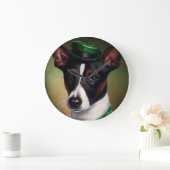 Rat Terrier Dog in St. Patrick's Day Dress ラージ壁時計 (ホーム)