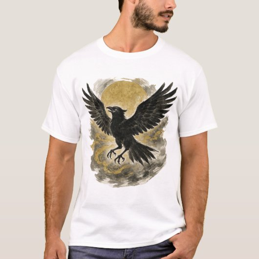 【Raven and Golden Moon Japanese Ink Art T-Shirt】 Tシャツ (正面)