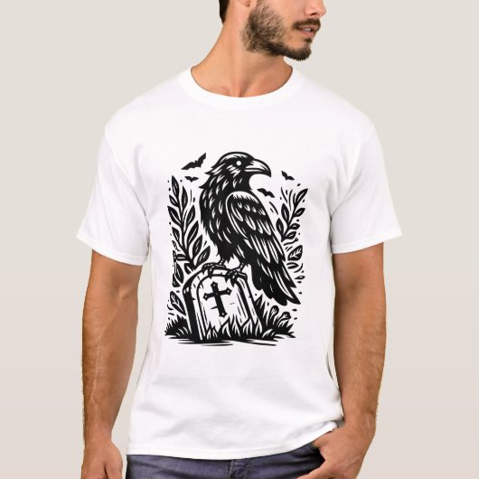 Raven and Tombstone Gothic Graveyard Line Art Tシャツ (正面)